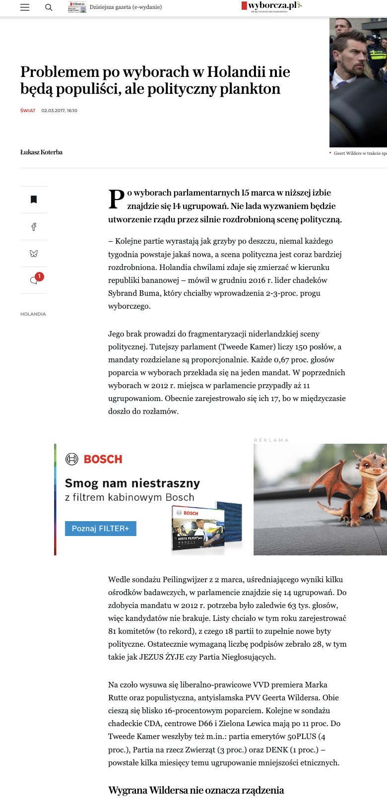 Artykuł „Problemem po wyborach w Holandii nie będą populiści, ale polityczny plankton” w Wyborcza.pl